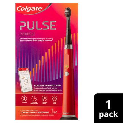 Colgate Pulse Connected Series 2 Deep Clean & Whitening Electric Toothbrush, 1 Pack with 2 Refill Heads, Plaque Removal