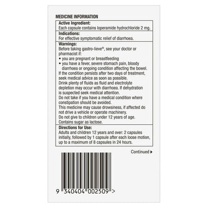 Gastro-lieve (Loperamide) 20mg 20 Capsules