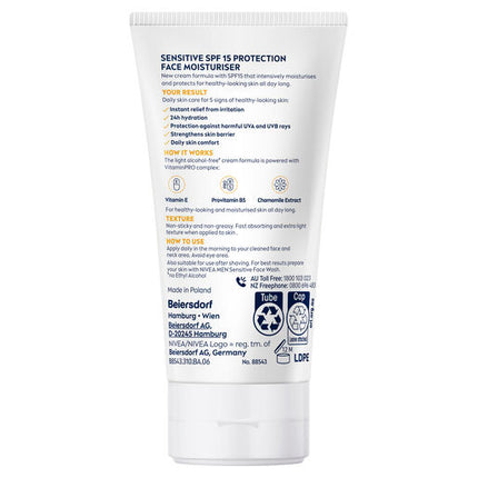 Nivea Men Sensitive Protective Moisturiser Spf15+ 75Ml