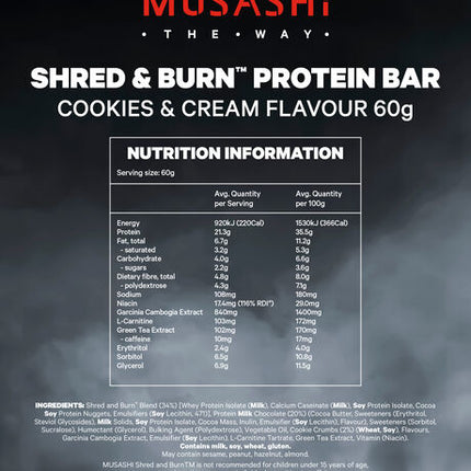 Musashi Shred & Burn Bar Cookies & Cream 60g