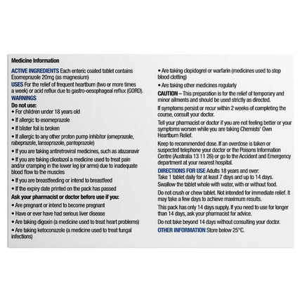 Chemists' Own Heartburn Esomeprazole 20mg 14 Tablets