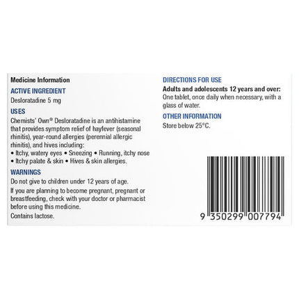 Chemists' Own Desloratadine Hayfever & Allergy Relief Tablets 5mg 10