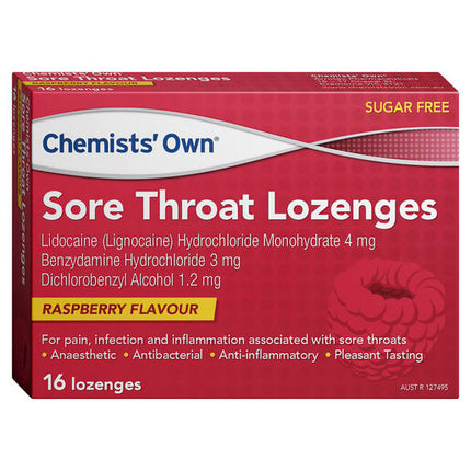 Chemists Own Sore Throat Lozenges Raspberry 16 Lozenges