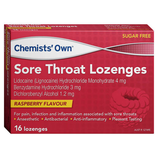 Chemists Own Sore Throat Lozenges Raspberry 16 Lozenges