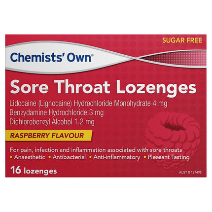 Chemists Own Sore Throat Lozenges Raspberry 16 Lozenges