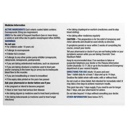 Chemists' Own Heartburn Esomeprazole 20mg 7 Tablets