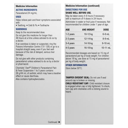 Chemists' Own Children's Paracetamol Pain & Fever 1-5 Years Suspension 100ml