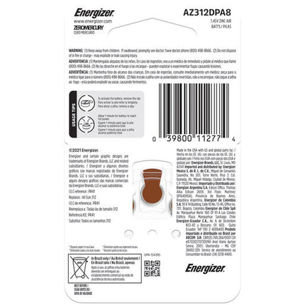 Energizer Hearing Aid Batteries AZ312 8 Pack