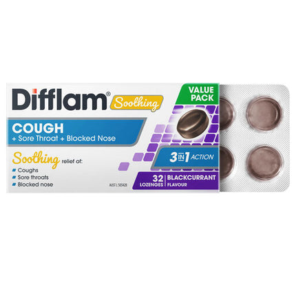Difflam Soothing Cough + Sore Throat + Blocked Nose Lozenges Blackcurrant 32s
