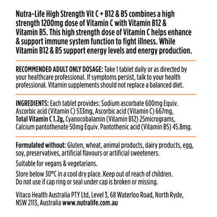 Nutra-Life High Strength Vit C + B12 & B5 60T