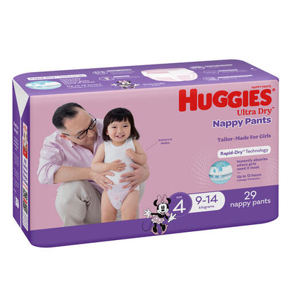 Huggies Ultra Dry Nappy Pants Girls Size 4 Toddler (9-14kg) 29 Pack