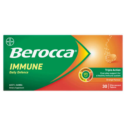 Berocca Immune Daily Defence Vitamin C, D and Zinc, Orange Flavoured Effervescent Tablets 30 Pack