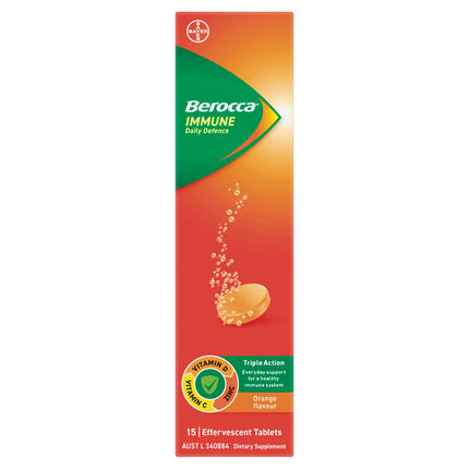 Berocca Immune Daily Defence Vitamin C, D and Zinc, Orange Flavoured Effervescent Tablets 15 Pack