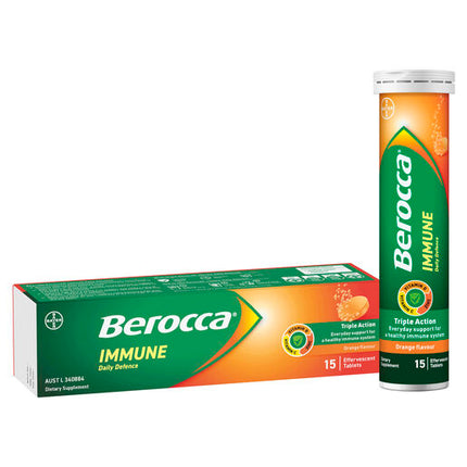 Berocca Immune Daily Defence Vitamin C, D and Zinc, Orange Flavoured Effervescent Tablets 15 Pack