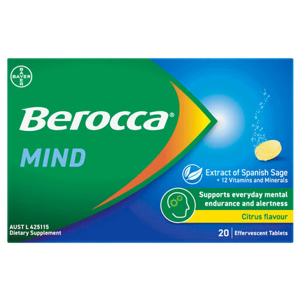 Berocca Mind Citrus Effervescent Tablets, Vitamin B & C, Magnesium, Zinc and Extract of Spanish Sage 20 Pack
