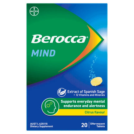 Berocca Mind Citrus Effervescent Tablets, Vitamin B & C, Magnesium, Zinc and Extract of Spanish Sage 20 Pack