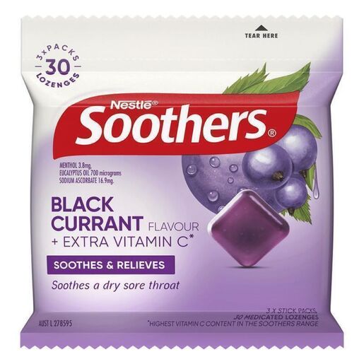 Soothers Blackcurrant Sore Throat Lozenges + Vitamin C 3x10 Pack
