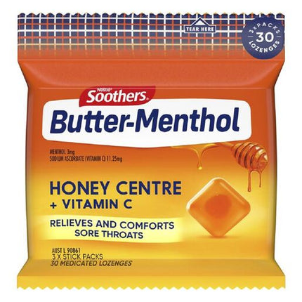 Soothers Butter Menthol Original Sore Throat Lozenges + Vitamin C 3x10 Pack