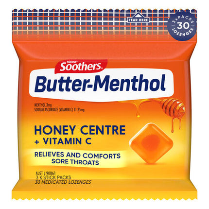 Butter Menthol Honey Centre Sore Throat Lozenges + Vitamin C 3x10 Pack