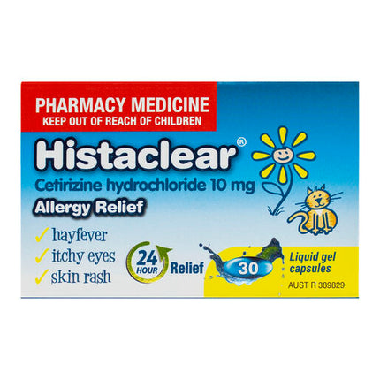 Histaclear Allergy Relief 30 Capsules Hayfever Itchy Eyes Skin Rash