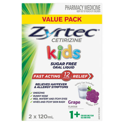Zyrtec Kids Allergy & Hayfever Relief Antihistamine Grape Liquid 2X120ml Value Pack