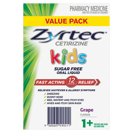 Zyrtec Kids Allergy & Hayfever Relief Antihistamine Grape Liquid 2X120ml Value Pack