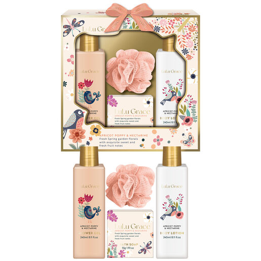 Lulu Grace Peach 240ml Shower Gel, 240ml Body Lotion, 55g Bath Soap