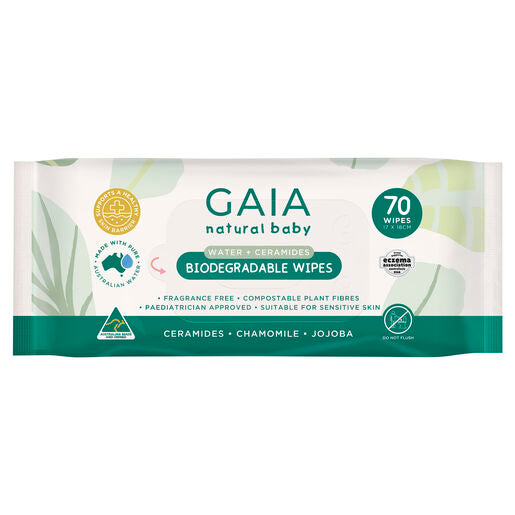 GAIA Natural Baby Water + Ceramides Biodegradable Wipes 70pk