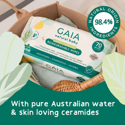 GAIA Natural Baby Water + Ceramides Biodegradable Wipes 70pk