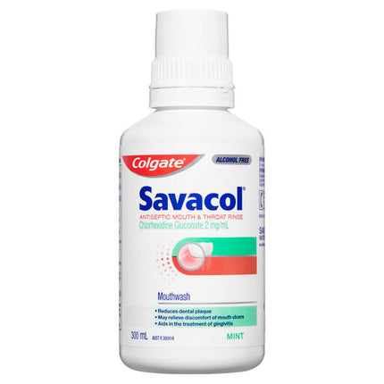 Colgate Savacol Antiseptic Mouth and Throat Rinse Mouthwash 300mL Alcohol Free Original Mint