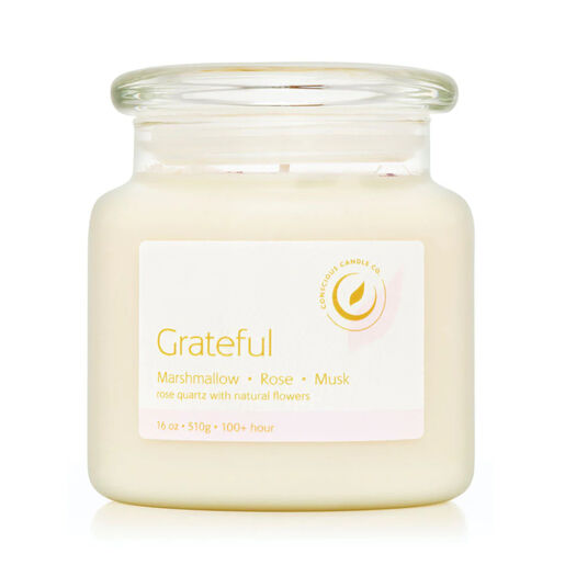 Conscious Candles Crystal Range - Grateful Rose Quartz  & Nat Flowers 510g