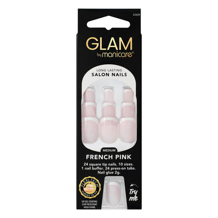 Glam by Manicare Press On Nails Medium Square French Pink Kit