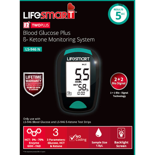 Lifesmart Two Plus Blood Glucose B-Ketone Monitor System LS-946N (Non-Bluetooth)