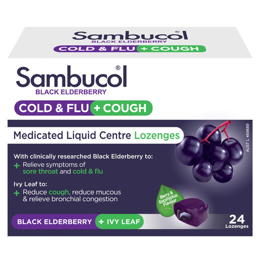 Sambucol Black Elderberry Cold & Flu + Cough Medicated Liquid Centre Lozenges