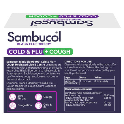 Sambucol Black Elderberry Cold & Flu + Cough Medicated Liquid Centre Lozenges
