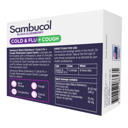 Sambucol Black Elderberry Cold & Flu + Cough Medicated Liquid Centre Lozenges