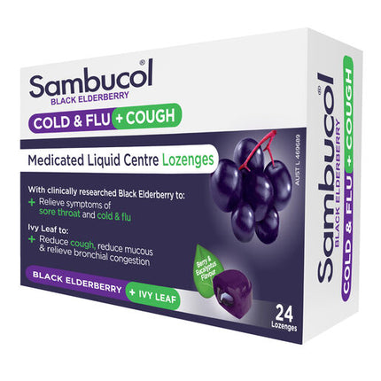 Sambucol Black Elderberry Cold & Flu + Cough Medicated Liquid Centre Lozenges