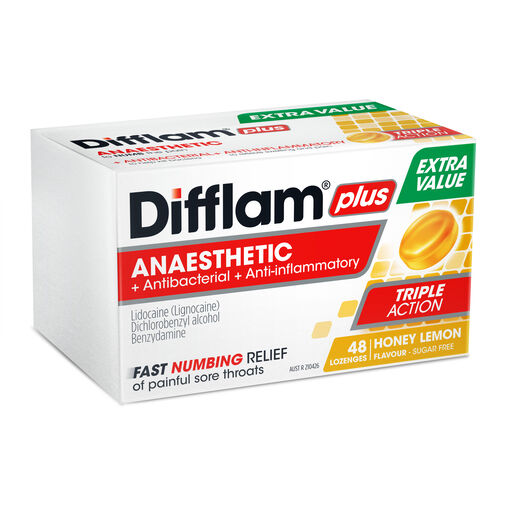 Difflam Plus Anaesthetic Sore Throat Lozenges Honey & Lemon Flavour 48 Lozenges