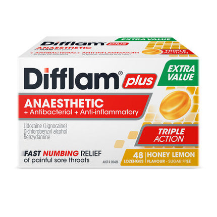 Difflam Plus Anaesthetic Sore Throat Lozenges Honey & Lemon Flavour 48 Lozenges