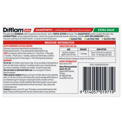 Difflam Plus Anaesthetic Sore Throat Lozenges Honey & Lemon Flavour 48 Lozenges