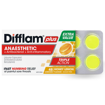 Difflam Plus Anaesthetic Sore Throat Lozenges Honey & Lemon Flavour 48 Lozenges