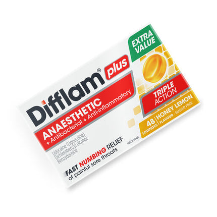 Difflam Plus Anaesthetic Sore Throat Lozenges Honey & Lemon Flavour 48 Lozenges