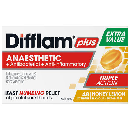 Difflam Plus Anaesthetic Sore Throat Lozenges Honey & Lemon Flavour 48 Lozenges