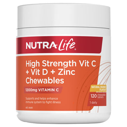 Nutra-Life High Strength Vit C + Vit D + Zinc Chewables 120 Tablets
