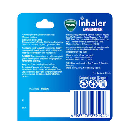 Vicks Inhaler Lavender Nasal Decongestant Cold 0.5ml