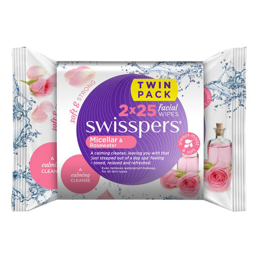 Swisspers Micellar and Rosewater Facial Wipes 2x25 pack