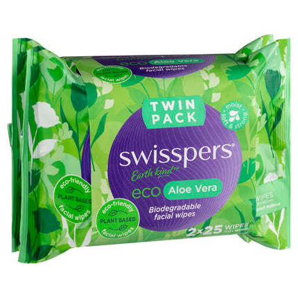 Swisspers Eco Aloe Vera Biodegradable Facial Wipes Twin 2x25 pack