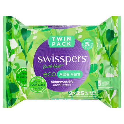 Swisspers Eco Aloe Vera Biodegradable Facial Wipes Twin 2x25 pack