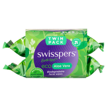 Swisspers Eco Aloe Vera Biodegradable Facial Wipes Twin 2x25 pack
