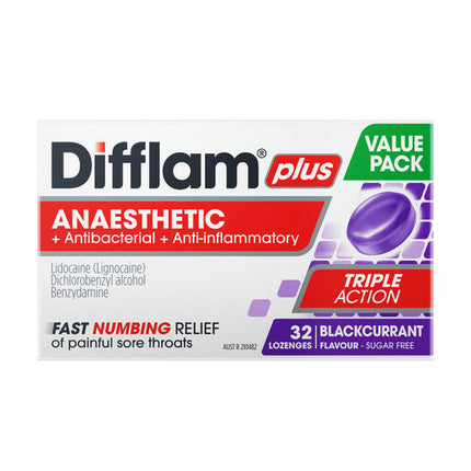 Difflam Plus Anaesthetic Sore Throat Lozenges Blackcurrant Flavour 32 Lozenges